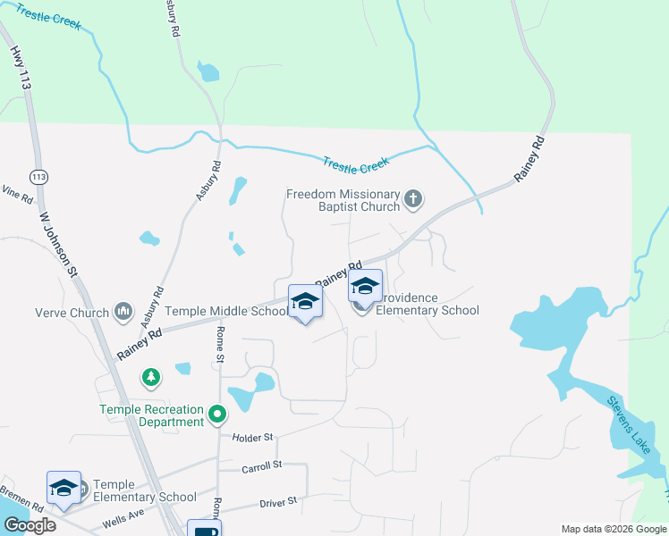 map of restaurants, bars, coffee shops, grocery stores, and more near 358 Rainey Road in Temple