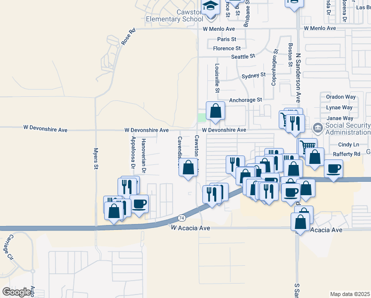 map of restaurants, bars, coffee shops, grocery stores, and more near 4163 Northam Court in Hemet
