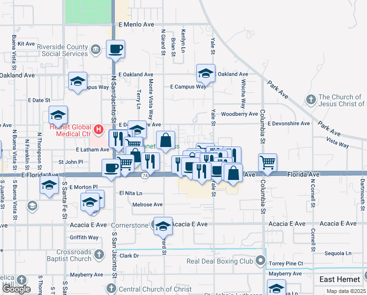 map of restaurants, bars, coffee shops, grocery stores, and more near 204 North Mayflower Street in Hemet