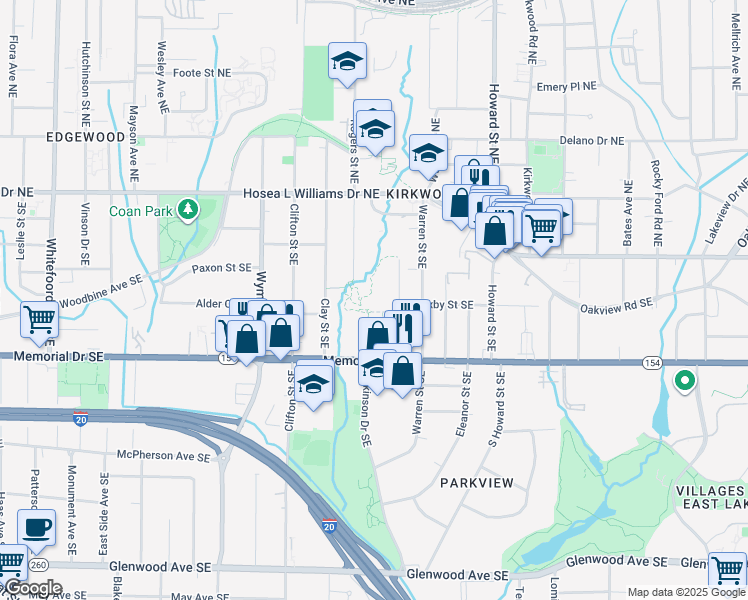 map of restaurants, bars, coffee shops, grocery stores, and more near 1818 Dixie Street Southeast in Atlanta