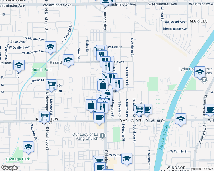 map of restaurants, bars, coffee shops, grocery stores, and more near 603 North Harbor Boulevard in Santa Ana