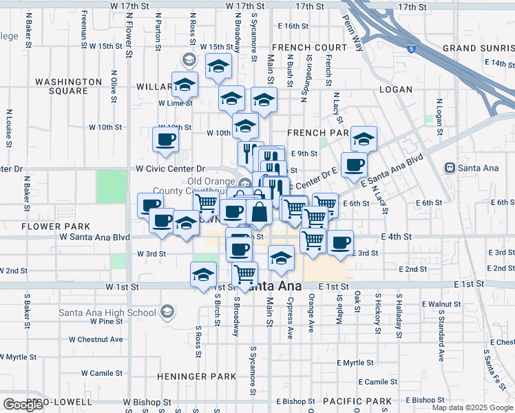 map of restaurants, bars, coffee shops, grocery stores, and more near 205 West Santa Ana Boulevard in Santa Ana