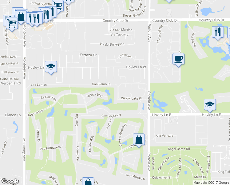 map of restaurants, bars, coffee shops, grocery stores, and more near 357 San Remo Street in Palm Desert