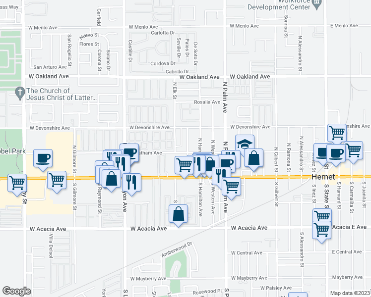map of restaurants, bars, coffee shops, grocery stores, and more near 205 Valley View Drive in Hemet