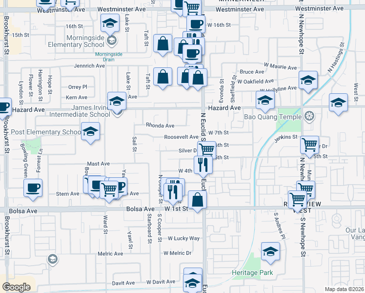 map of restaurants, bars, coffee shops, grocery stores, and more near 5317 Silver Drive in Santa Ana