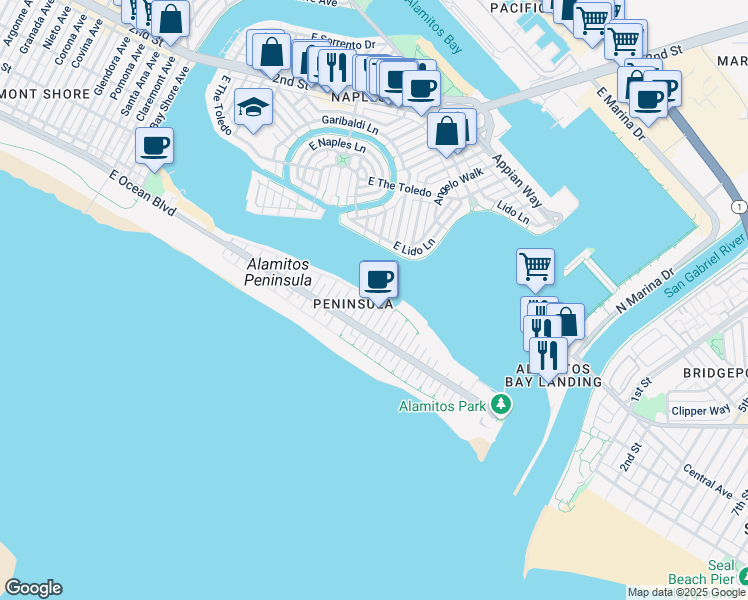 map of restaurants, bars, coffee shops, grocery stores, and more near 6150 East Bayshore Walk in Long Beach