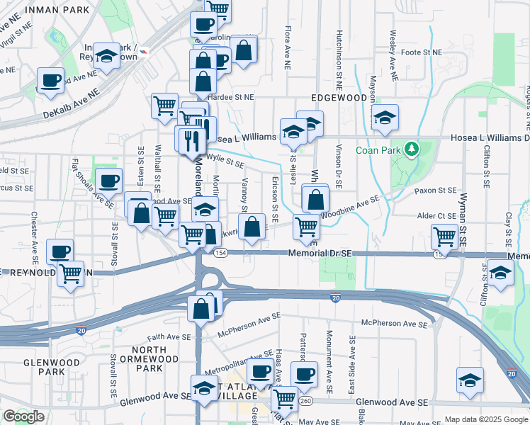 map of restaurants, bars, coffee shops, grocery stores, and more near 142 Dahlgren Street Southeast in Atlanta