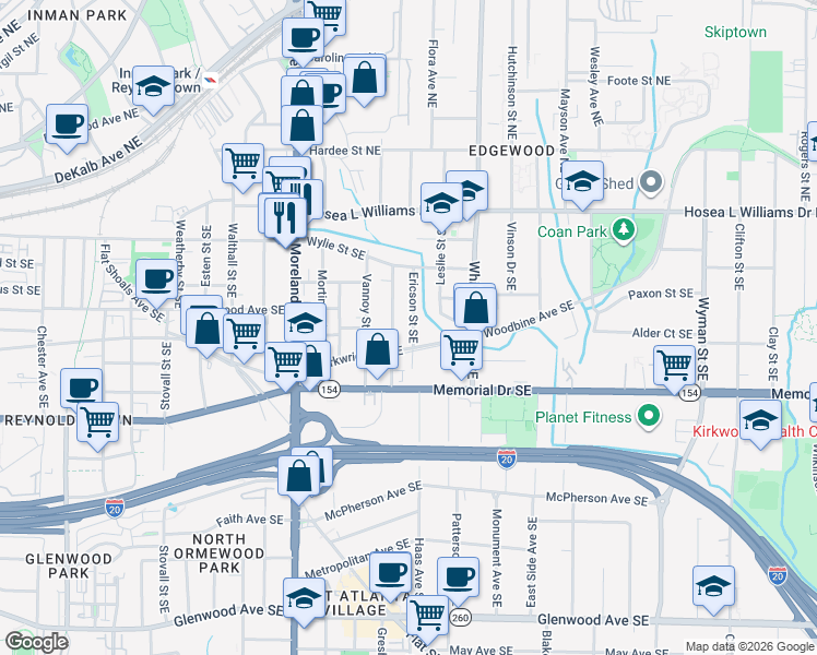 map of restaurants, bars, coffee shops, grocery stores, and more near 143 Ericson Street Southeast in Atlanta
