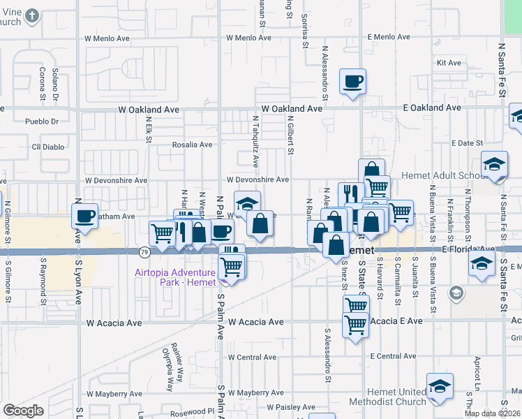 map of restaurants, bars, coffee shops, grocery stores, and more near 630 West Latham Avenue in Hemet