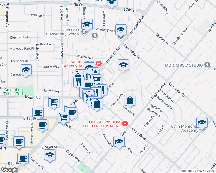 map of restaurants, bars, coffee shops, grocery stores, and more near 12801 Elizabeth Way in Tustin