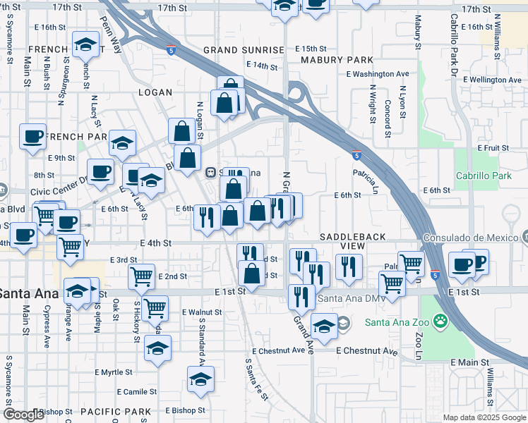 map of restaurants, bars, coffee shops, grocery stores, and more near 1105 East 6th Street in Santa Ana