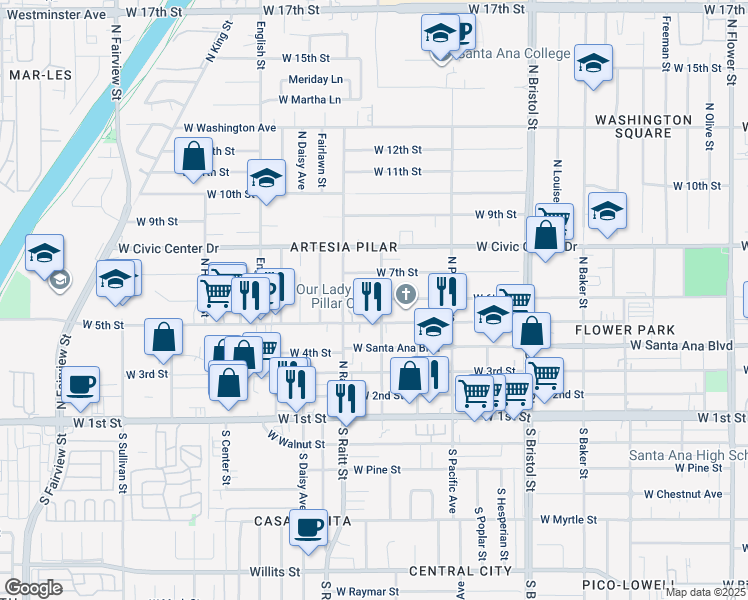 map of restaurants, bars, coffee shops, grocery stores, and more near 1721 West 6th Street in Santa Ana