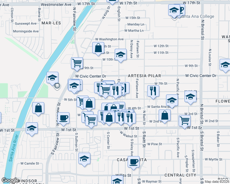 map of restaurants, bars, coffee shops, grocery stores, and more near 610 English Street in Santa Ana