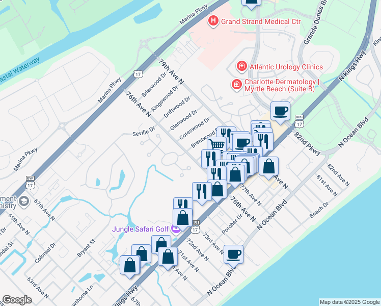 map of restaurants, bars, coffee shops, grocery stores, and more near 7603 Brentwood Drive in Myrtle Beach
