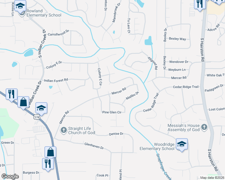 map of restaurants, bars, coffee shops, grocery stores, and more near 1460 High Meadow Drive in Stone Mountain