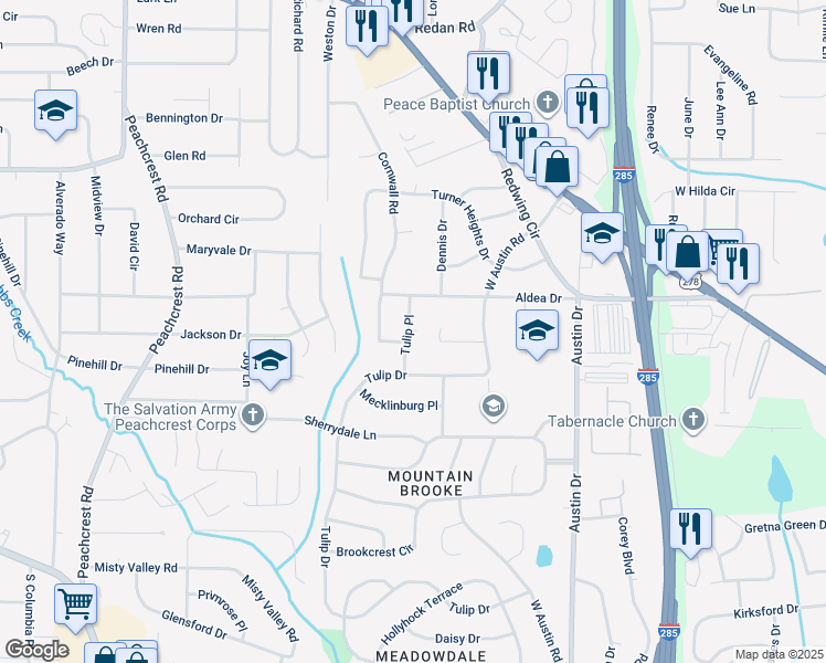map of restaurants, bars, coffee shops, grocery stores, and more near 1462 Tulip Place in Decatur