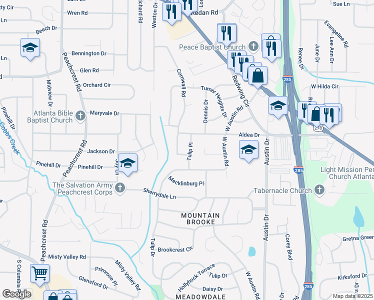 map of restaurants, bars, coffee shops, grocery stores, and more near 1462 Janmar Drive in Decatur