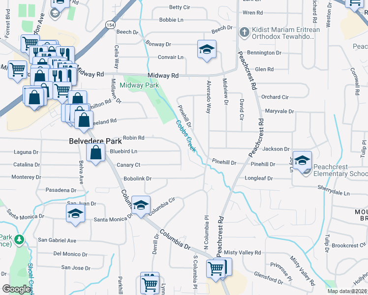 map of restaurants, bars, coffee shops, grocery stores, and more near 3258 Robin Road in Decatur