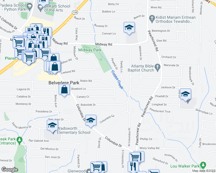 map of restaurants, bars, coffee shops, grocery stores, and more near 3234 Bluebird Lane in Decatur
