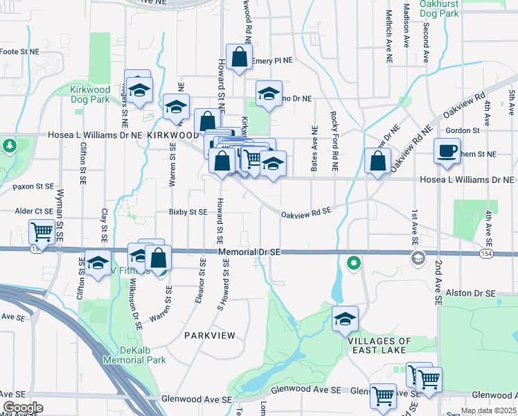 map of restaurants, bars, coffee shops, grocery stores, and more near 2049 Oakview Road Southeast in Atlanta