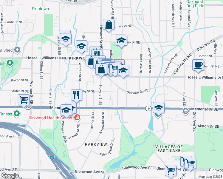 map of restaurants, bars, coffee shops, grocery stores, and more near 2010 Bixby Street Southeast in Atlanta