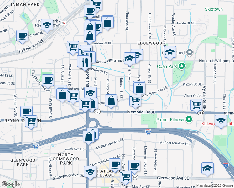 map of restaurants, bars, coffee shops, grocery stores, and more near 142 Dahlgren Street Southeast in Atlanta