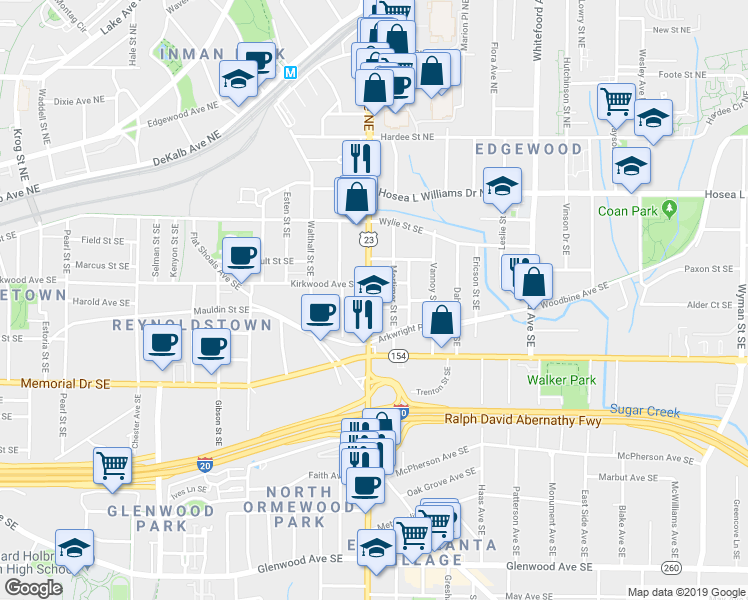 map of restaurants, bars, coffee shops, grocery stores, and more near in Atlanta