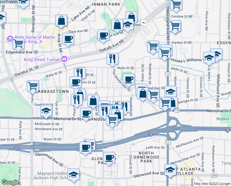 map of restaurants, bars, coffee shops, grocery stores, and more near 923 Kirkwood Avenue Southeast in Atlanta