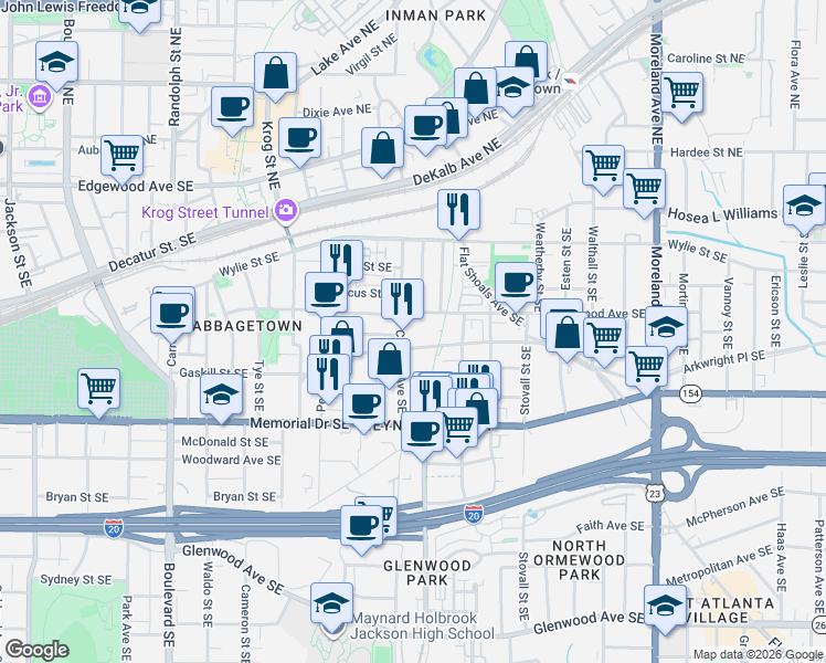 map of restaurants, bars, coffee shops, grocery stores, and more near 871 Kirkwood Avenue Southeast in Atlanta