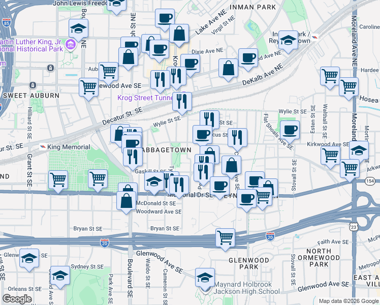 map of restaurants, bars, coffee shops, grocery stores, and more near 172 Estoria Street Southeast in Atlanta