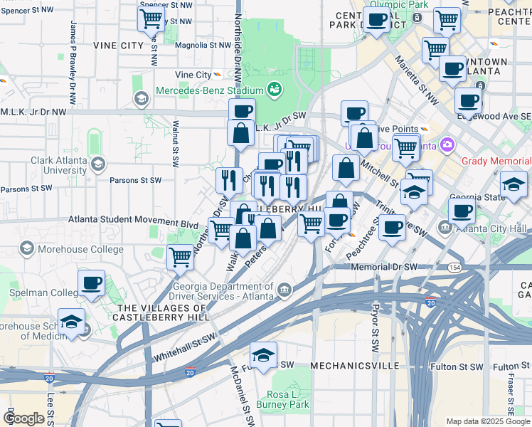 map of restaurants, bars, coffee shops, grocery stores, and more near 140 Walker Street Southwest in Atlanta