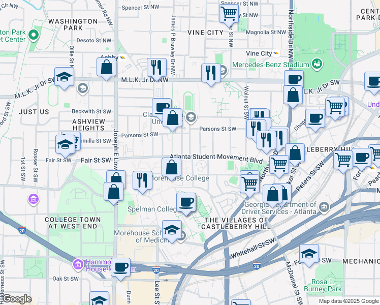 map of restaurants, bars, coffee shops, grocery stores, and more near 174 John Hope Drive Southwest in Atlanta