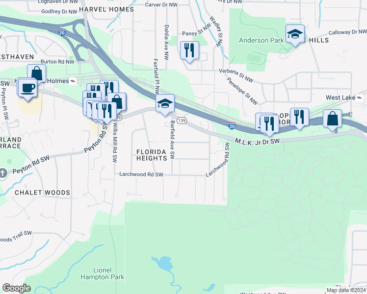 map of restaurants, bars, coffee shops, grocery stores, and more near 2211 Telhurst Street Southwest in Atlanta