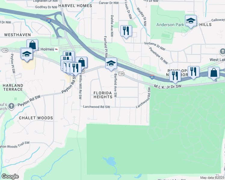 map of restaurants, bars, coffee shops, grocery stores, and more near 219 Barfield Avenue Southwest in Atlanta