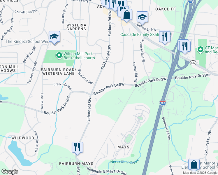 map of restaurants, bars, coffee shops, grocery stores, and more near 3602 Boulder Park Drive Southwest in Atlanta