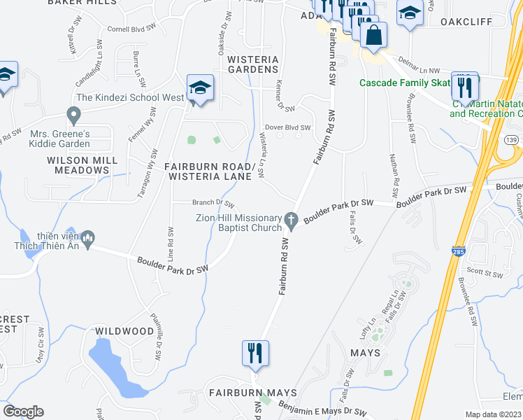 map of restaurants, bars, coffee shops, grocery stores, and more near 3735 Boulder Park Drive Southwest in Atlanta