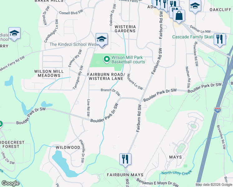 map of restaurants, bars, coffee shops, grocery stores, and more near 3760 Branch Drive Southwest in Atlanta