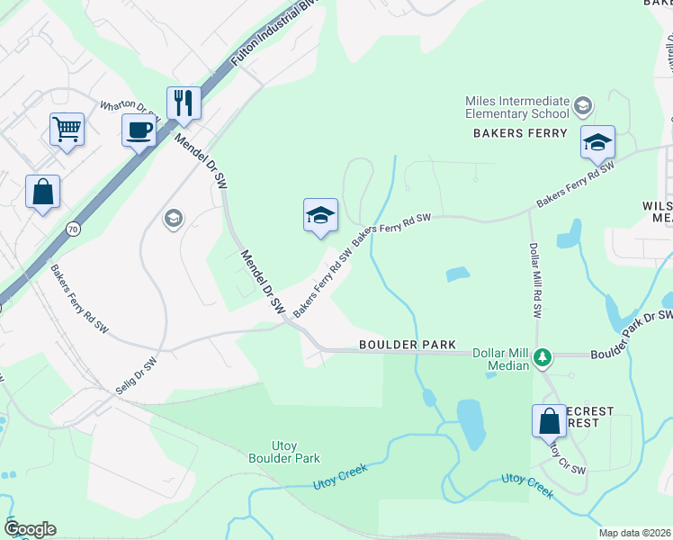 map of restaurants, bars, coffee shops, grocery stores, and more near 4590 Bakers Ferry Road Southwest in Atlanta
