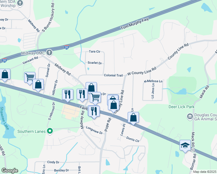 map of restaurants, bars, coffee shops, grocery stores, and more near 3661 Collins Drive in Douglasville