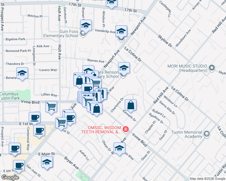 map of restaurants, bars, coffee shops, grocery stores, and more near 12801 Elizabeth Way in Tustin