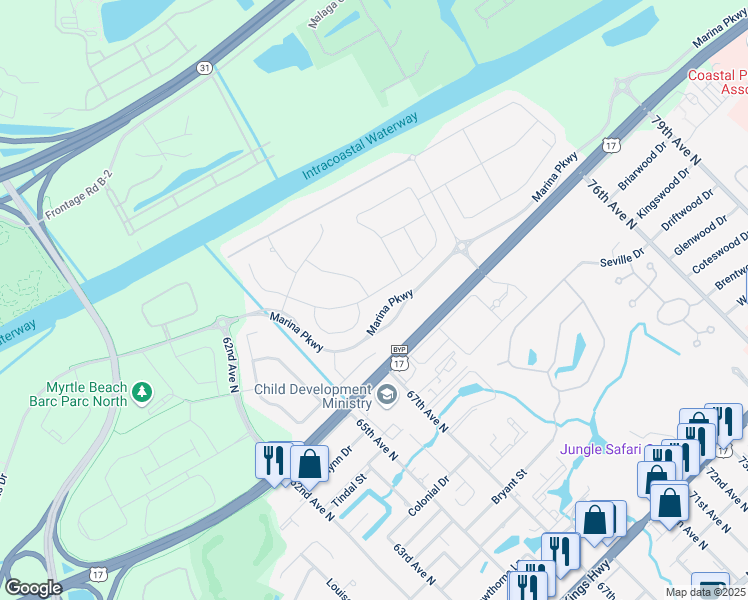 map of restaurants, bars, coffee shops, grocery stores, and more near Glarentza Street in Myrtle Beach