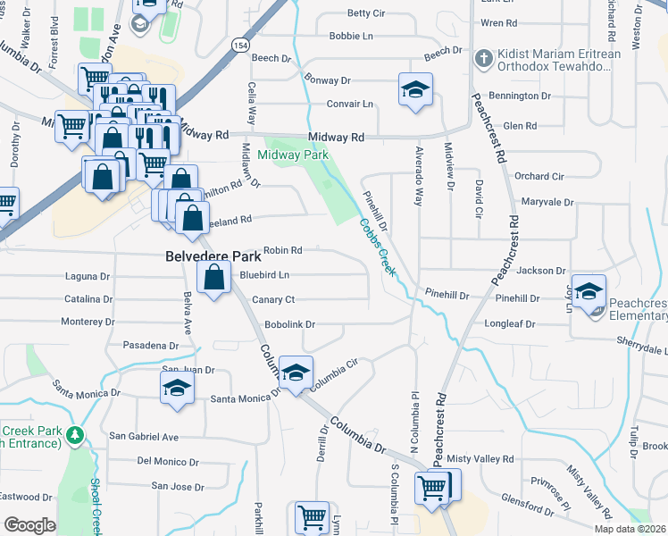 map of restaurants, bars, coffee shops, grocery stores, and more near 3223 Robin Road in Decatur