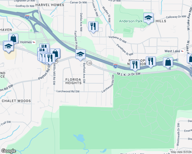 map of restaurants, bars, coffee shops, grocery stores, and more near 2167 Telhurst Street Southwest in Atlanta