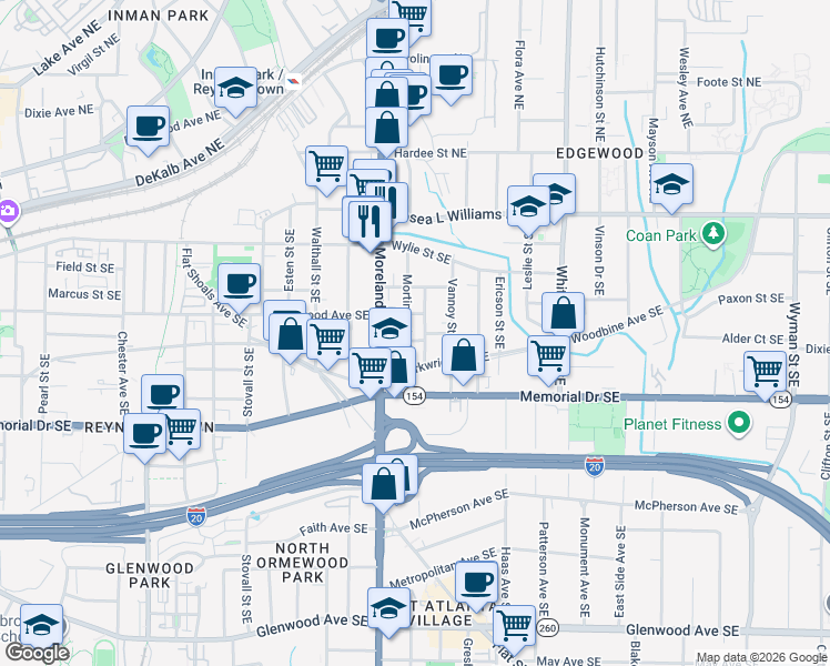map of restaurants, bars, coffee shops, grocery stores, and more near 1211 Mortimer Place Southeast in Atlanta