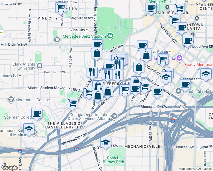map of restaurants, bars, coffee shops, grocery stores, and more near 140 Walker Street Southwest in Atlanta