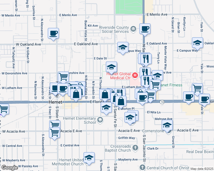 map of restaurants, bars, coffee shops, grocery stores, and more near 790 East Latham Avenue in Hemet