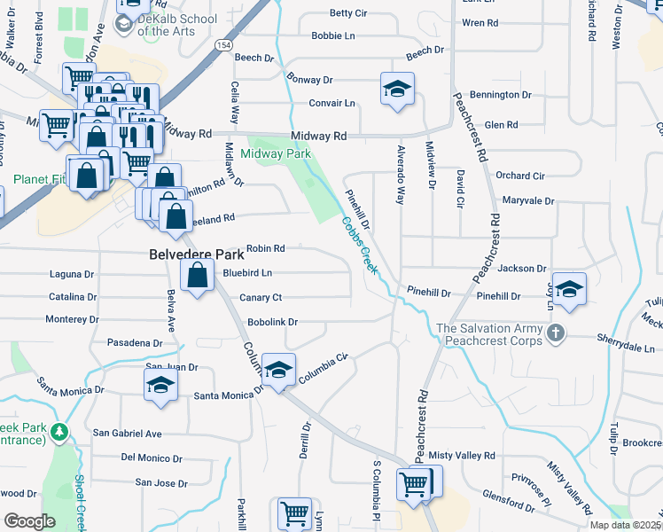 map of restaurants, bars, coffee shops, grocery stores, and more near 3234 Bluebird Lane in Decatur