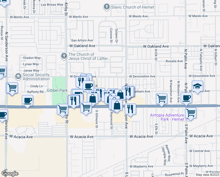 map of restaurants, bars, coffee shops, grocery stores, and more near 1895 West Devonshire Avenue in Hemet