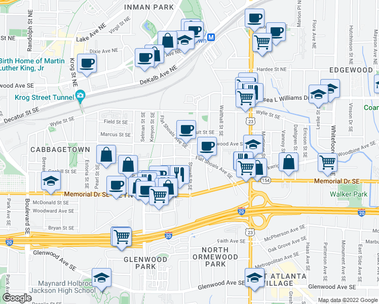 map of restaurants, bars, coffee shops, grocery stores, and more near 175 Stovall Street Southeast in Atlanta
