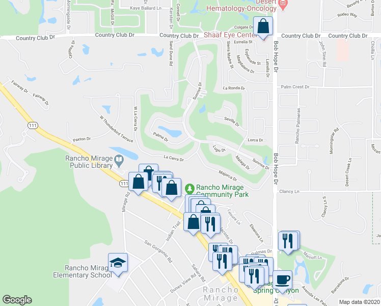 map of restaurants, bars, coffee shops, grocery stores, and more near 148 La Cerra Drive in Rancho Mirage
